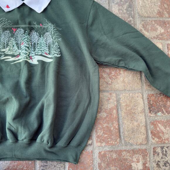 Vintage Morning Sun Green Sweatshirt Collared Christmas Trees Cozy Holiday - Picture 4 of 8